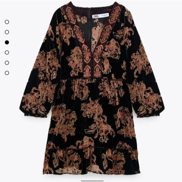 Zara Velvet Trim Floral V-Neck Ruffle Trim 3/4 Sleeve Dress Women's Size Small - Picture 1 of 15
